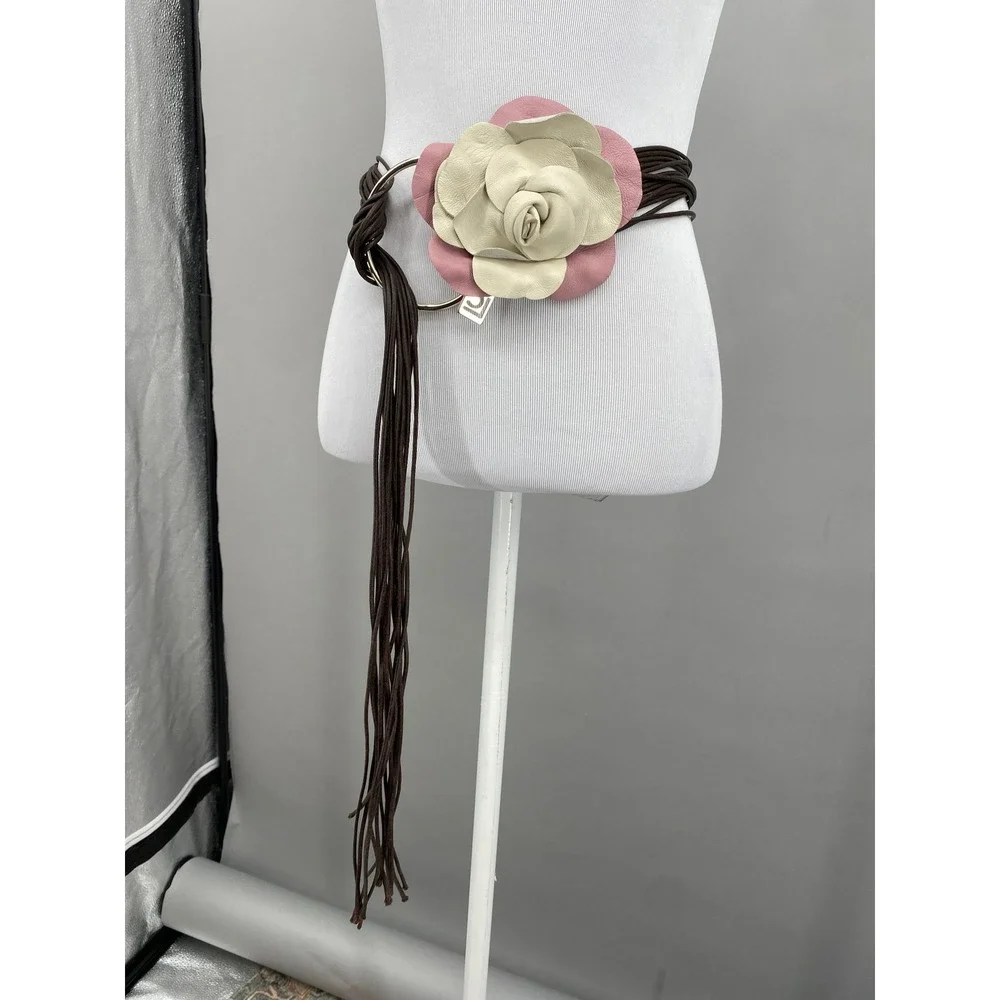 Y2K LC Leather Petal Flower Cord Wrap Belt O/S Pink Boho Floral Brown Cord Rose